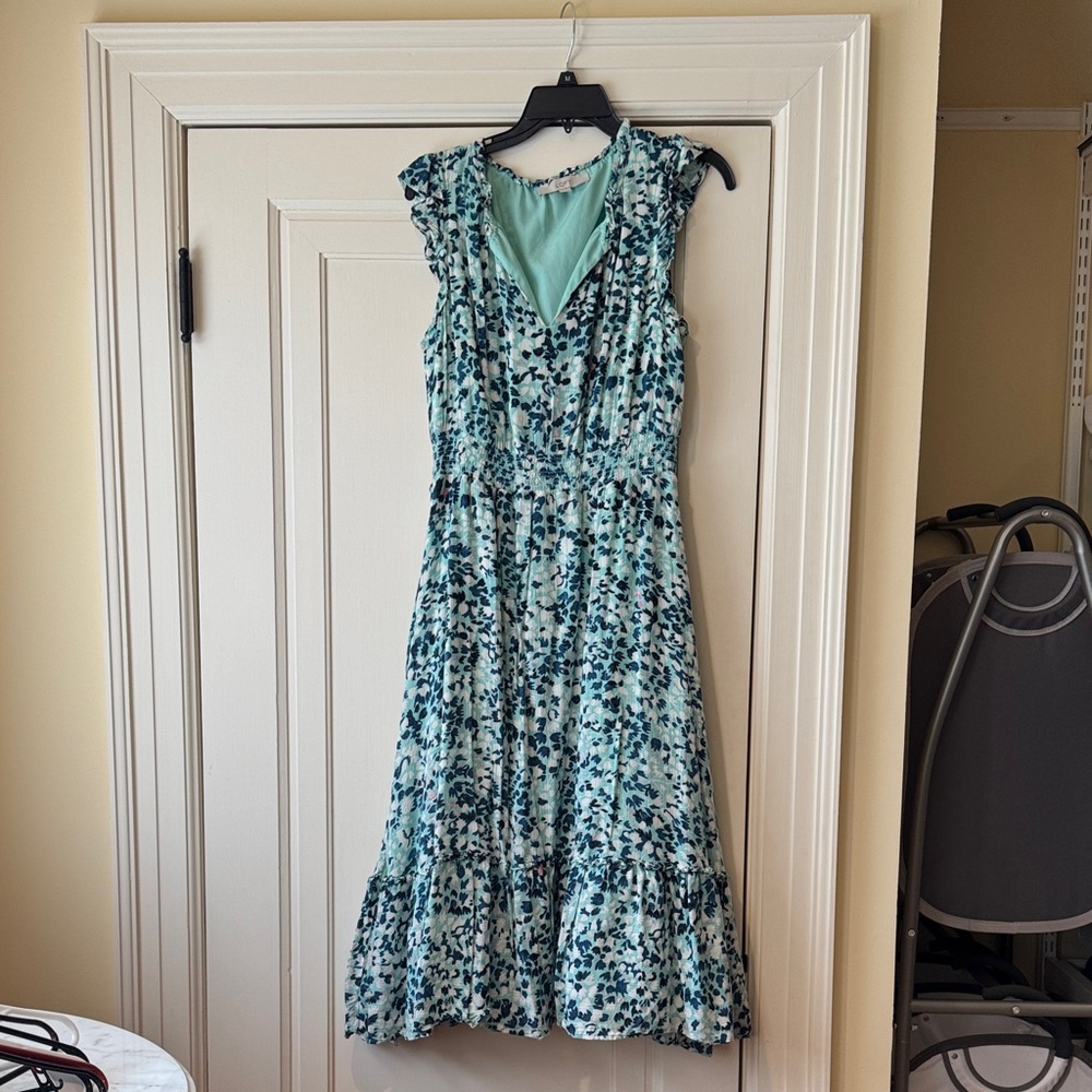 LOFT Blue Patterned Midi Dress